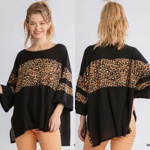 Umgee Womens Middle Animal Print Oversized 3/4 Sleeve Sweater Top Size S